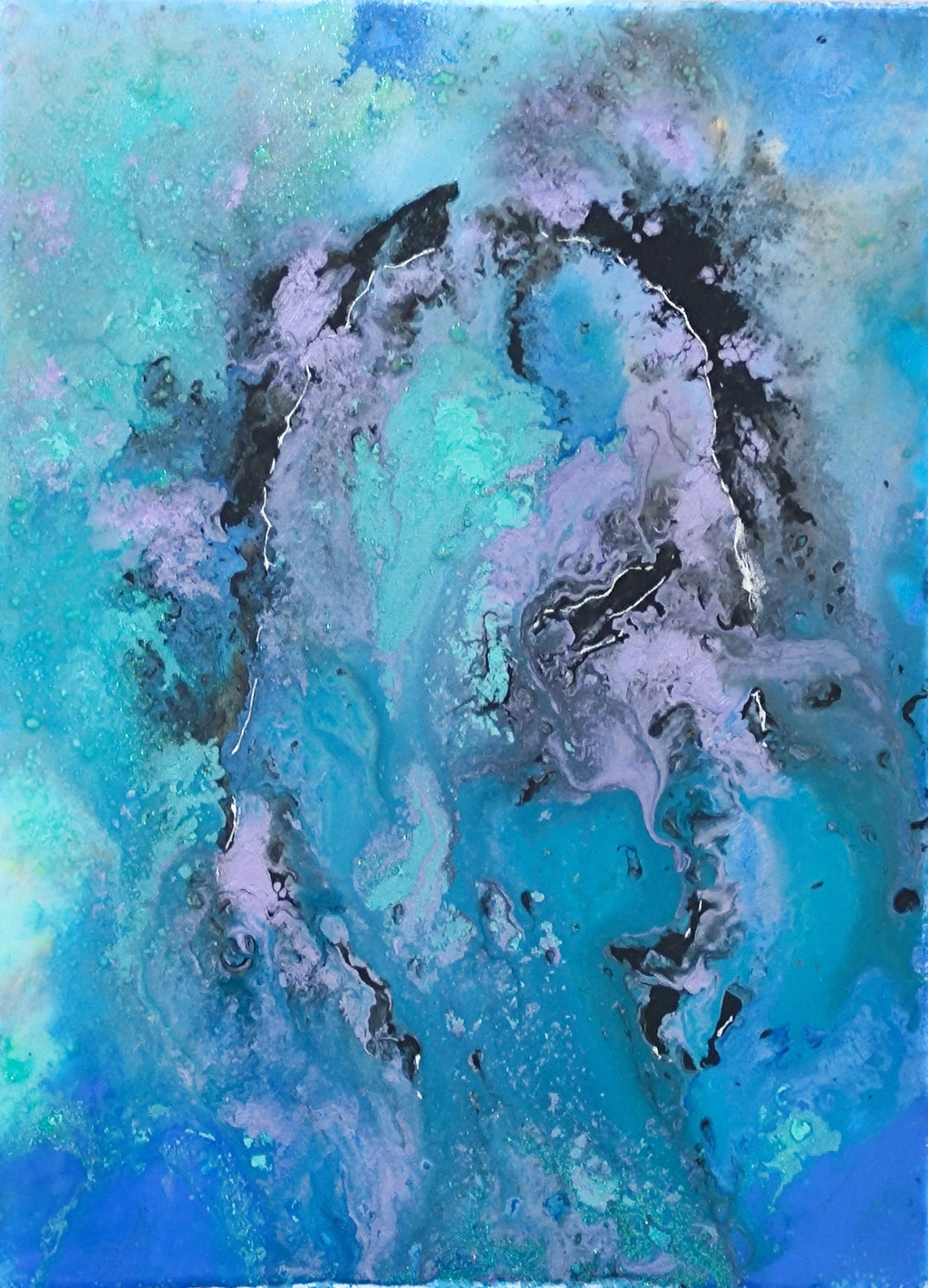 Abstract artwork with swirling blue and black patterns