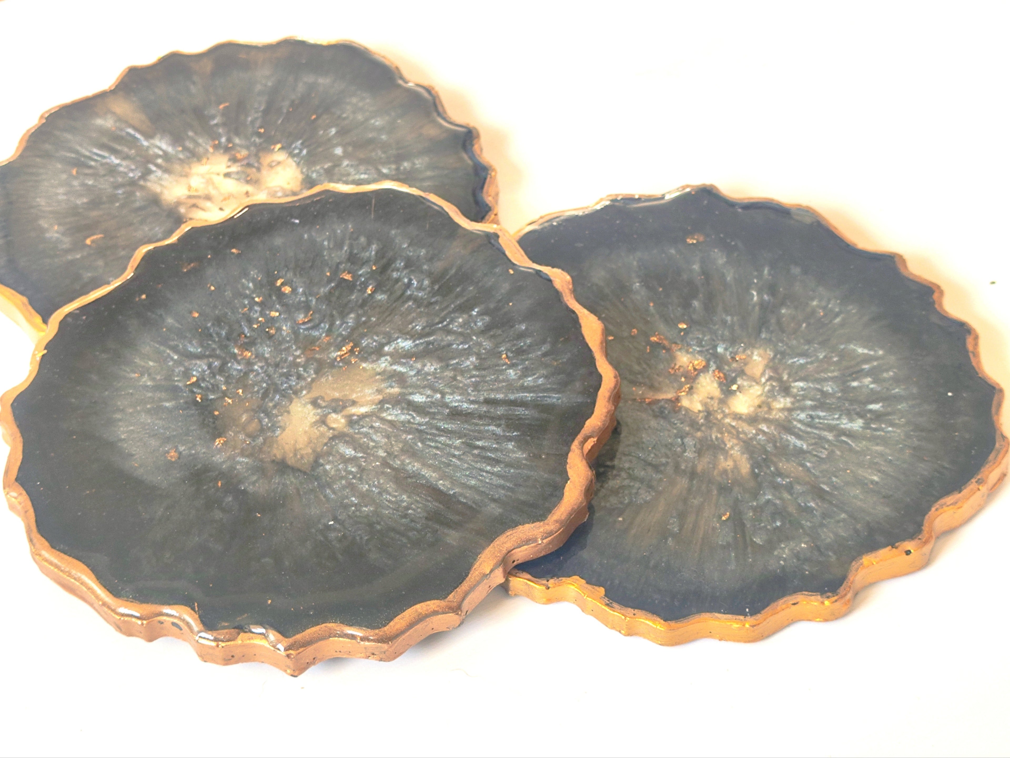 Black Haze Coasters — Set of 3 Geode Resin Coasters with Gold Leaf & Gold Edges | Leslie Lachiche Art Boutique