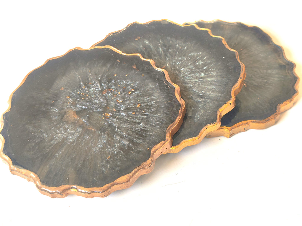 Black Haze Coasters | Set of 3 Geode Resin Coasters | Gold Leaf & Gold Edges | HK LOCAL