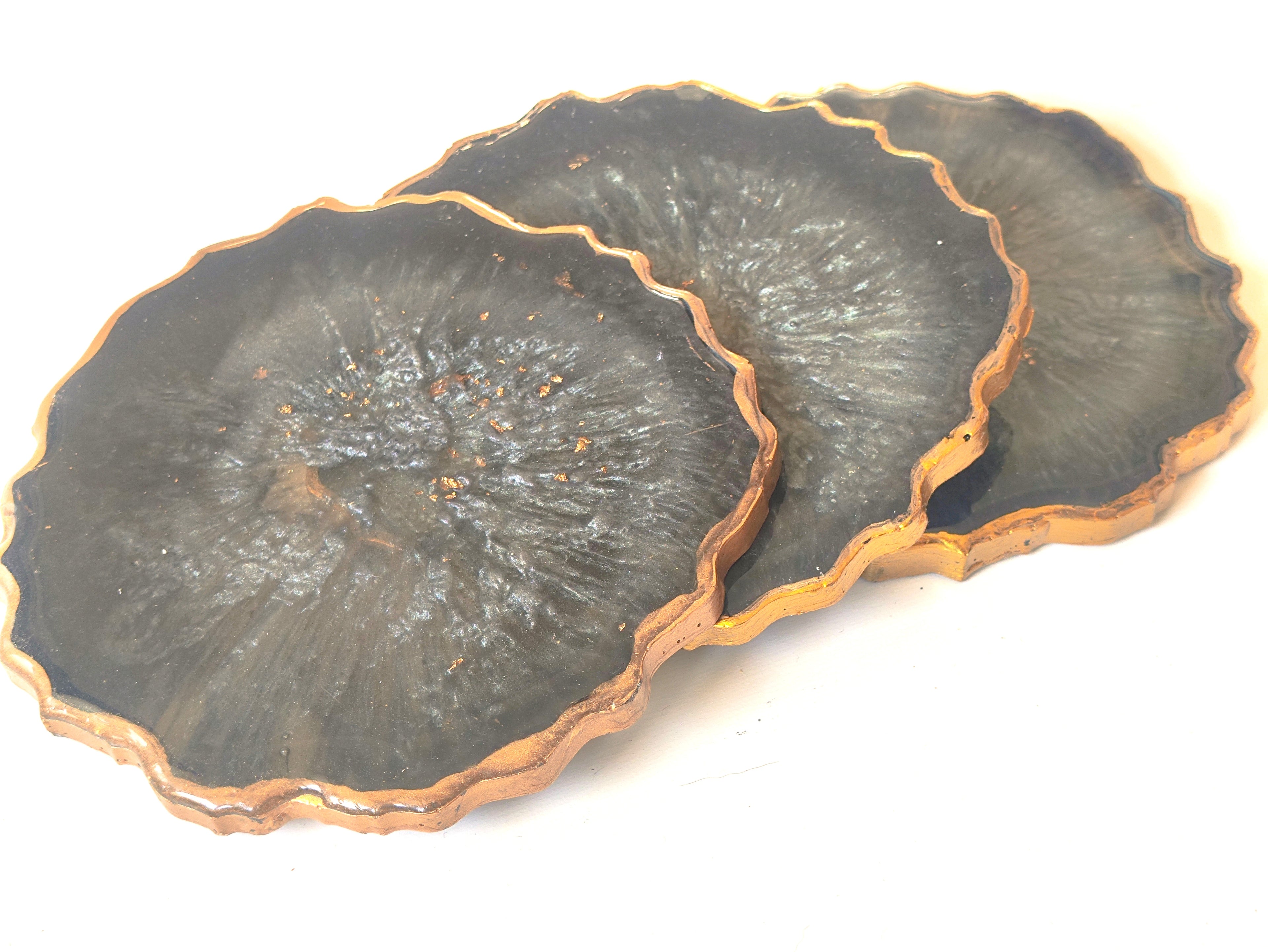 Black Haze Coasters — Set of 3 Geode Resin Coasters with Gold Leaf & Gold Edges | Leslie Lachiche Art Boutique