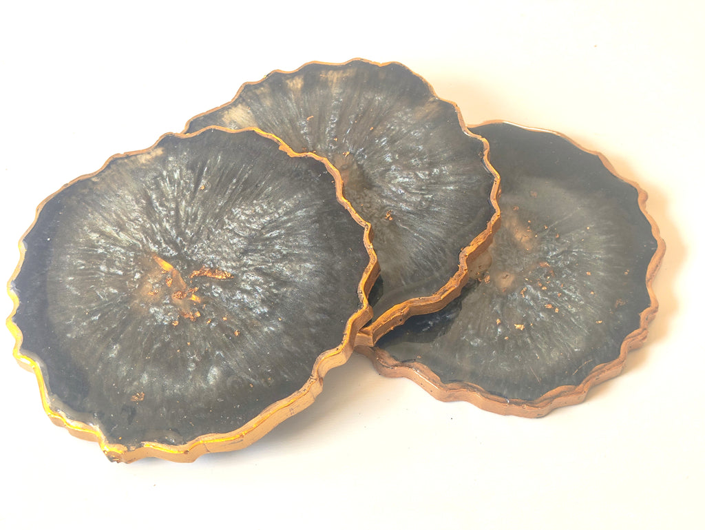 Black Haze Coasters | Set of 3 Geode Resin Coasters | Gold Leaf & Gold Edges | HK LOCAL