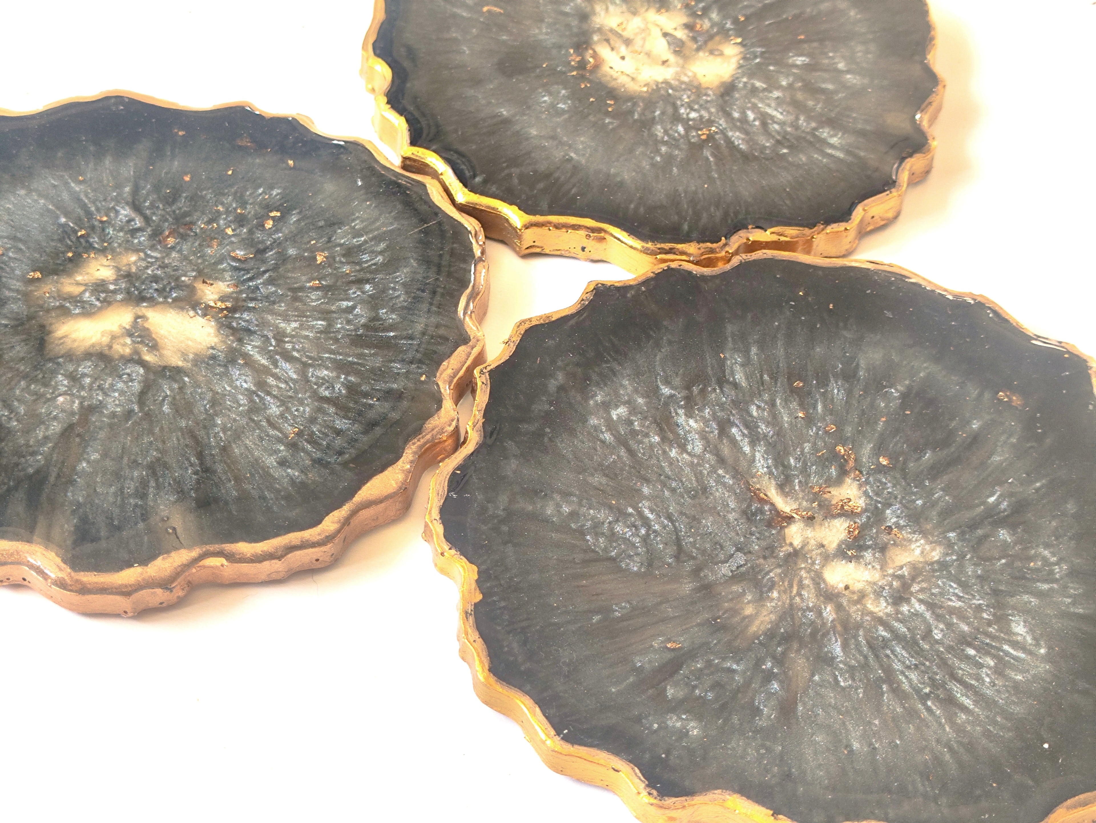 Black Haze Coasters | Set of 3 Geode Resin Coasters | Gold Leaf & Gold Edges | HK LOCAL