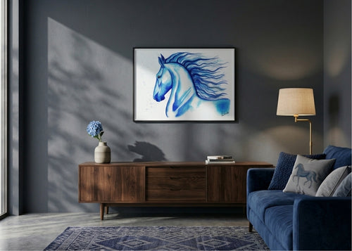 Living room with a blue horse painting on the wall, wooden cabinet, and blue sofa.