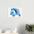 Blue horse painting on a white wall above a shelf with decorative items.