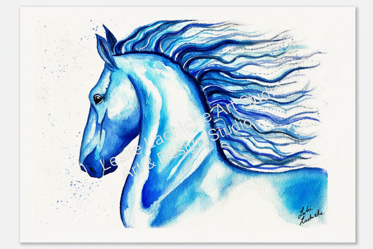 Artistic depiction of a blue horse with flowing mane on a white background