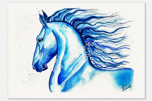 Artistic depiction of a blue horse with flowing mane on a white background