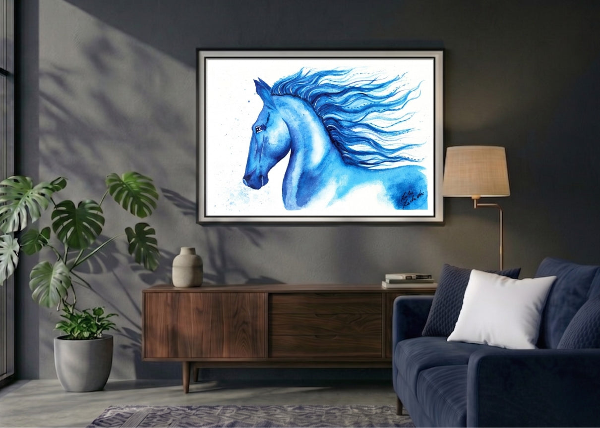 Framed artwork of a blue horse on a wall in a living room.