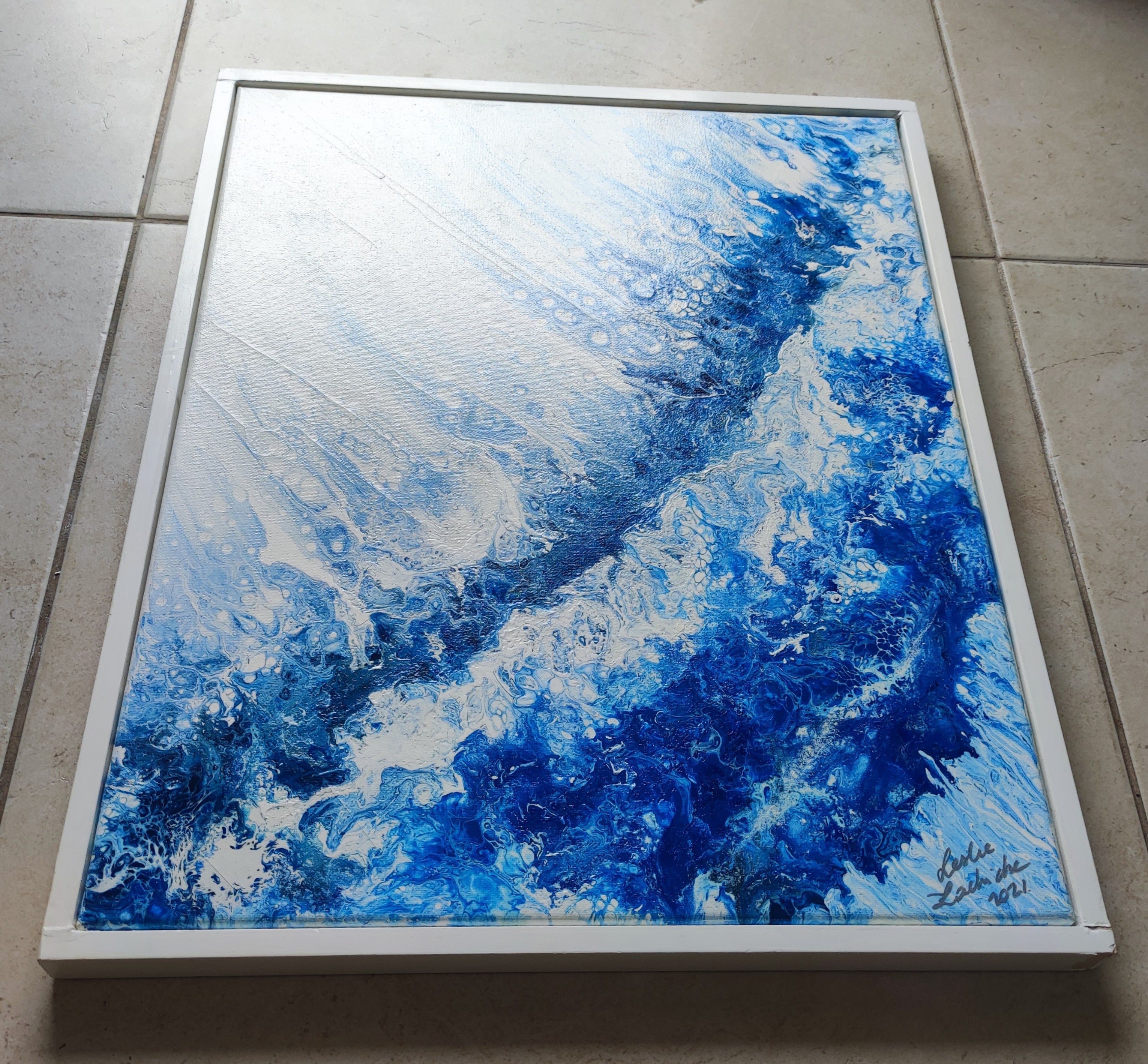Painting abstract with blue and white