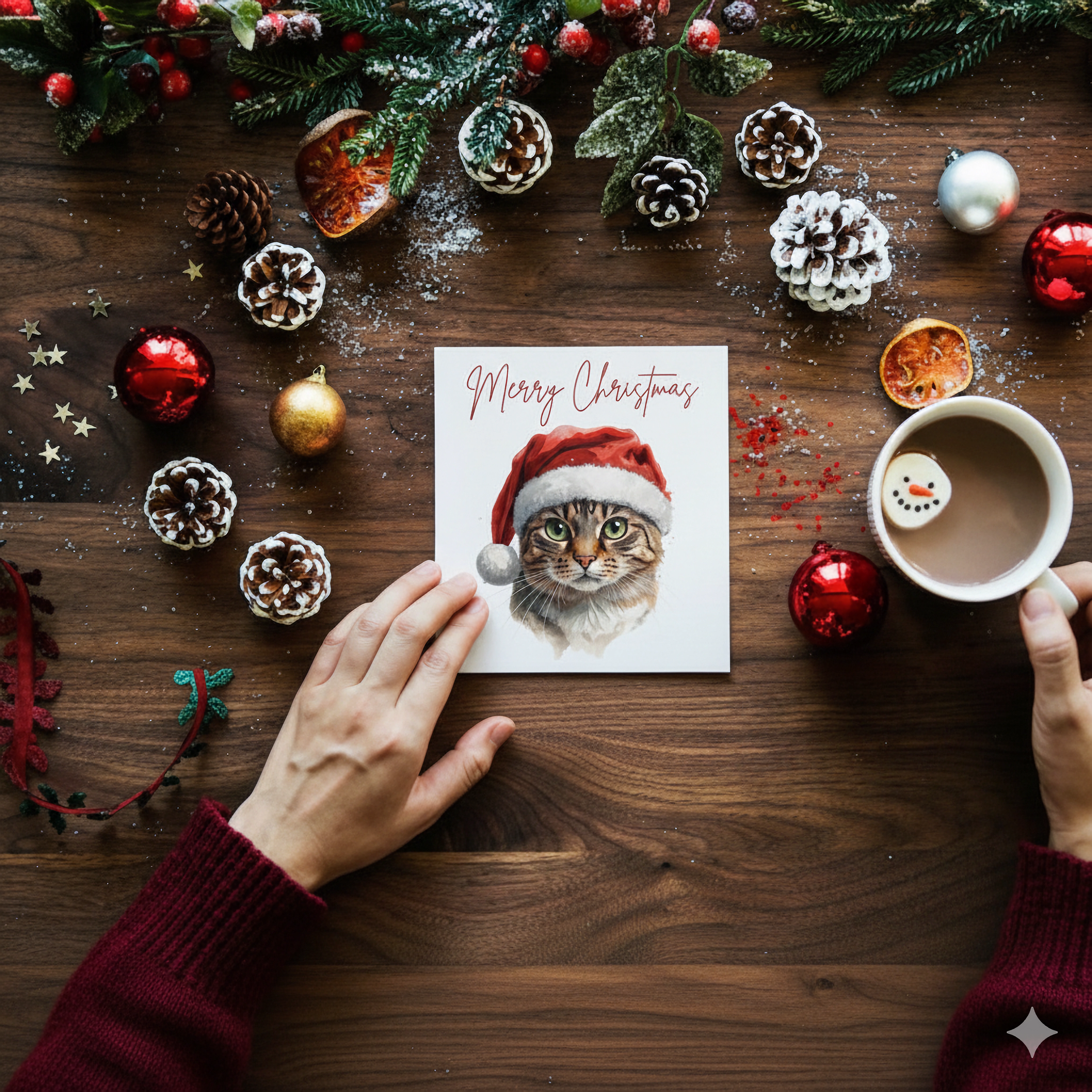 Carte de vœux de Noël Chat tigré – Art de chat cosy et café | Leslie Lachiche