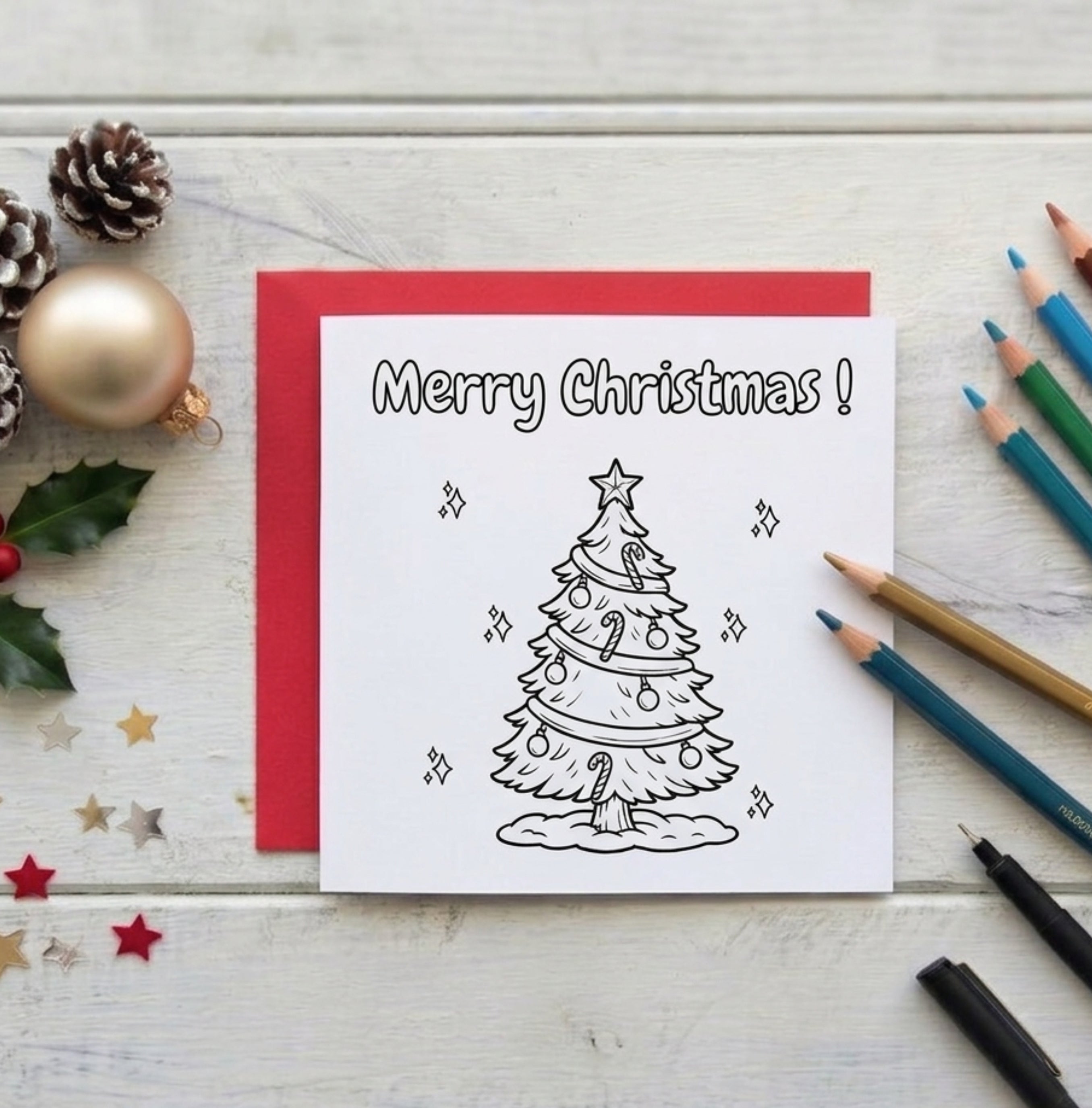 Christmas Tree | Christmas Coloring Card — Color It Yourself Festive Greeting Card