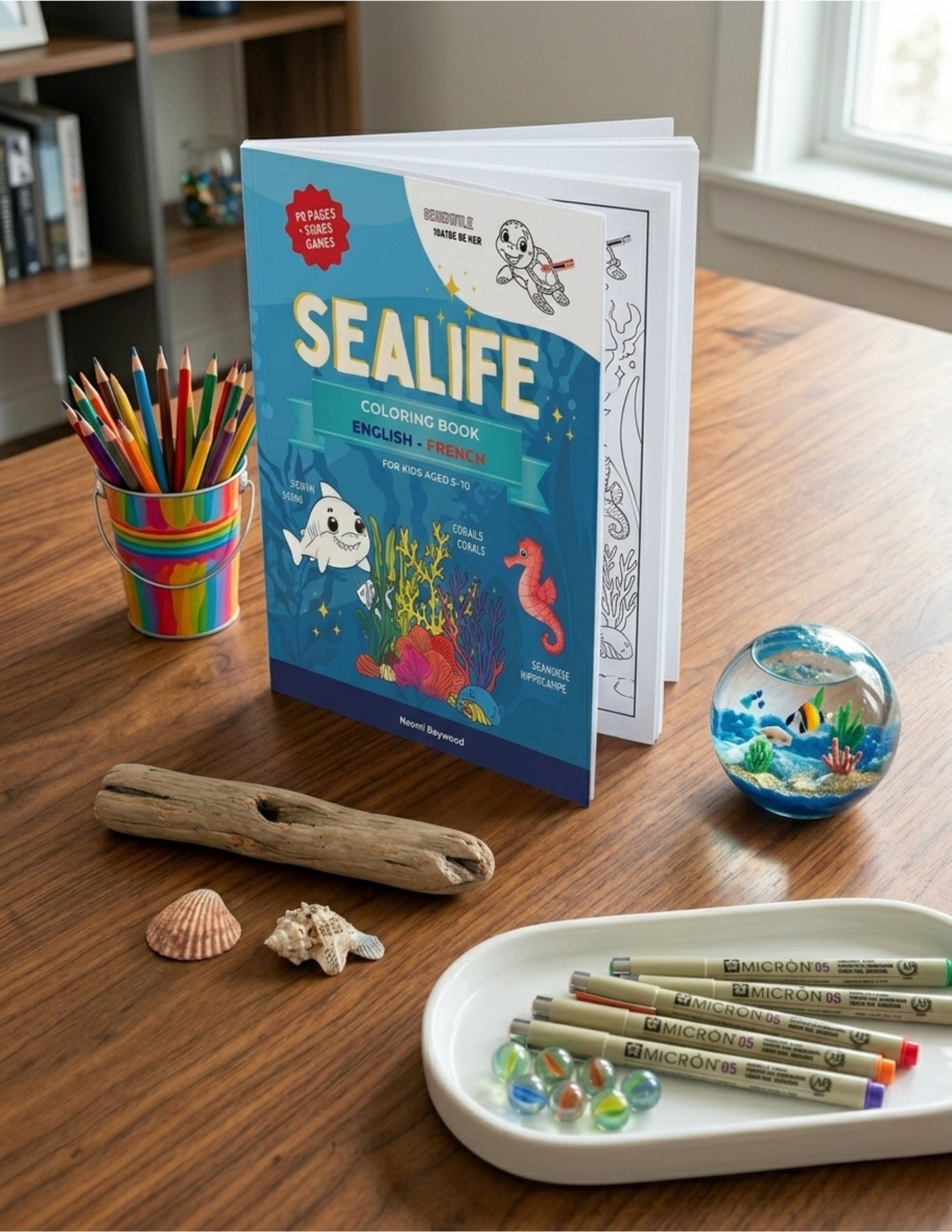 Sealife coloring book on a table with coloring supplies