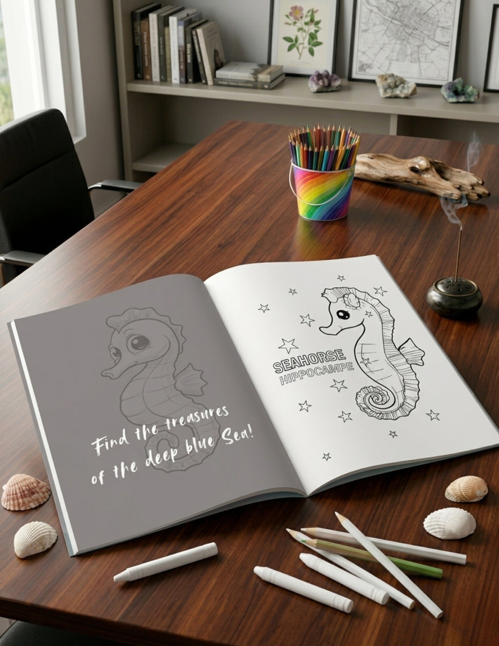 Coloring book with seahorse design on a wooden table with coloring supplies.