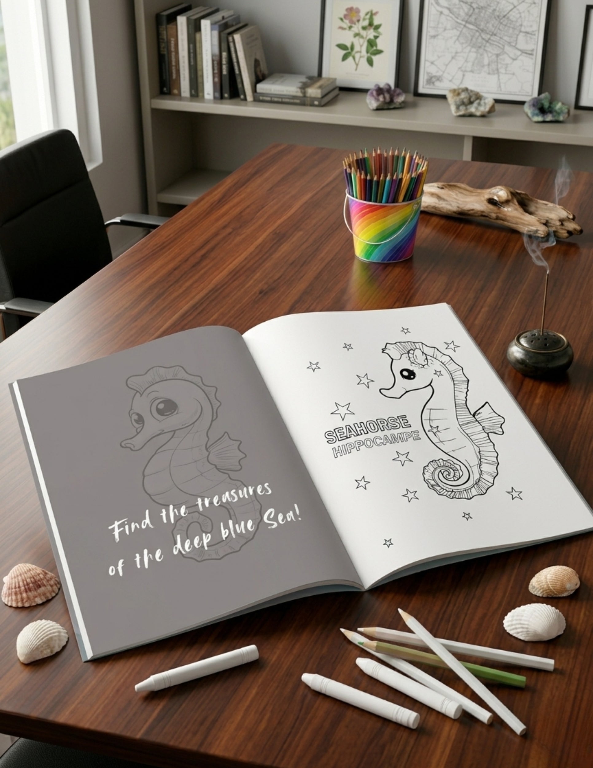 Coloring book with seahorse design on a wooden table with coloring supplies.