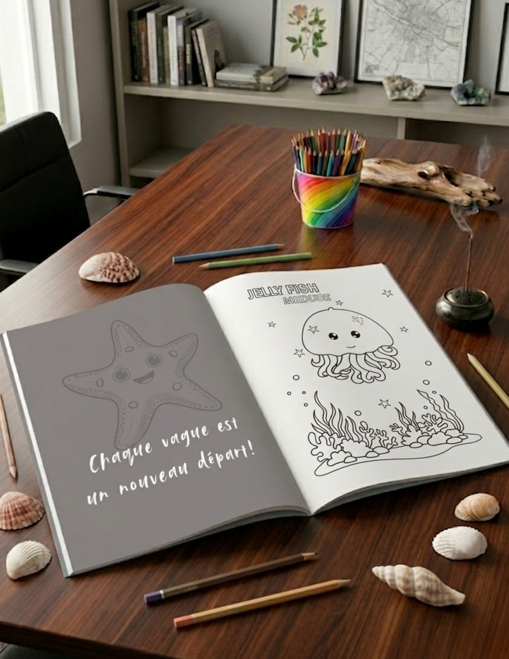 Coloring book with ocean-themed pages on a wooden table with coloring supplies.