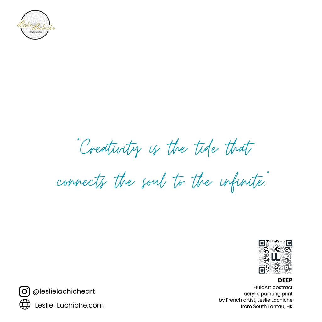 Motivational quote about creativity on a white background with a QR code and artist information.