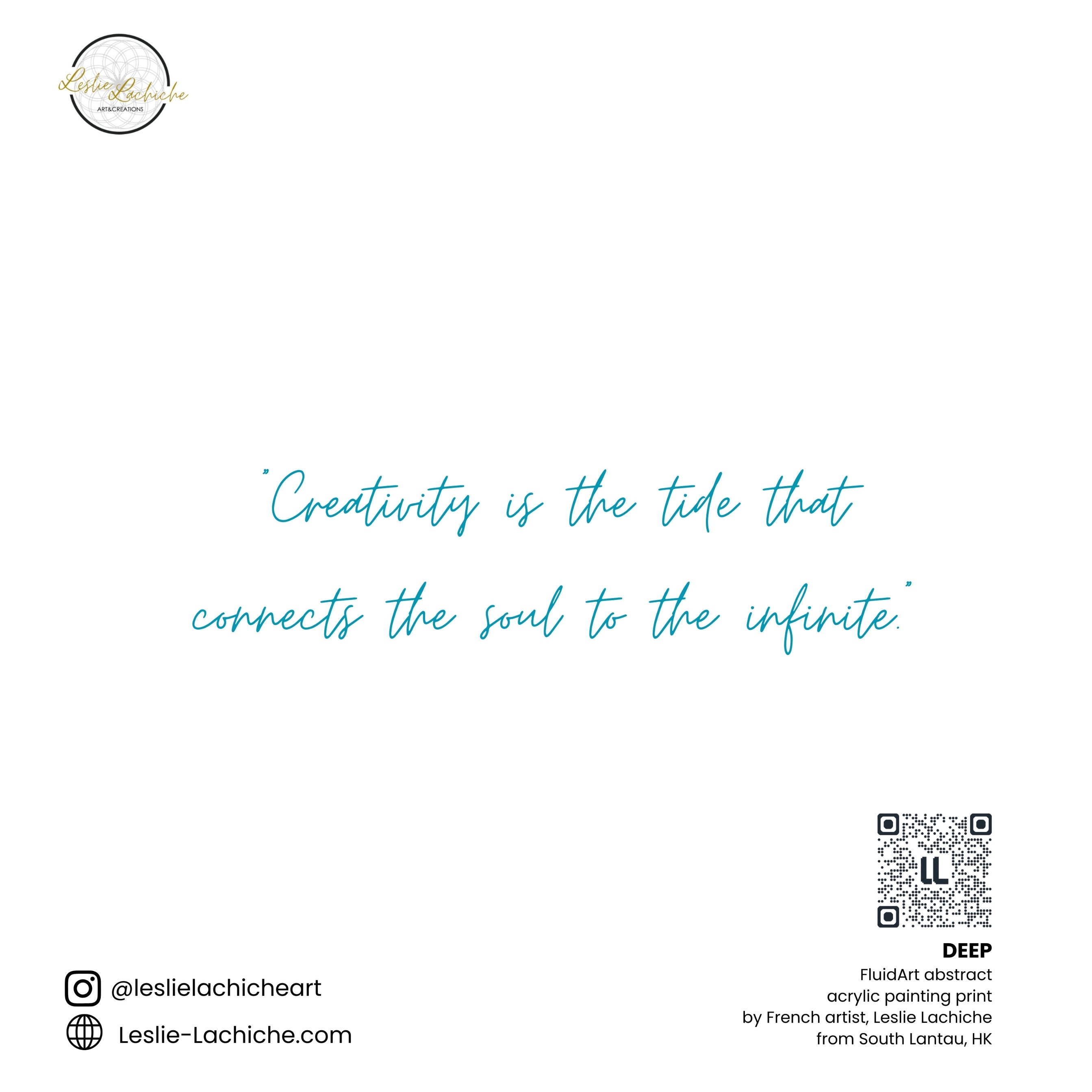 Motivational quote about creativity on a white background with a QR code and artist information.