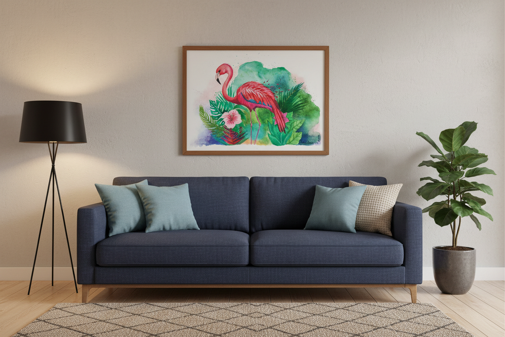 Living room with a blue sofa, colorful flamingo painting, and a lamp.