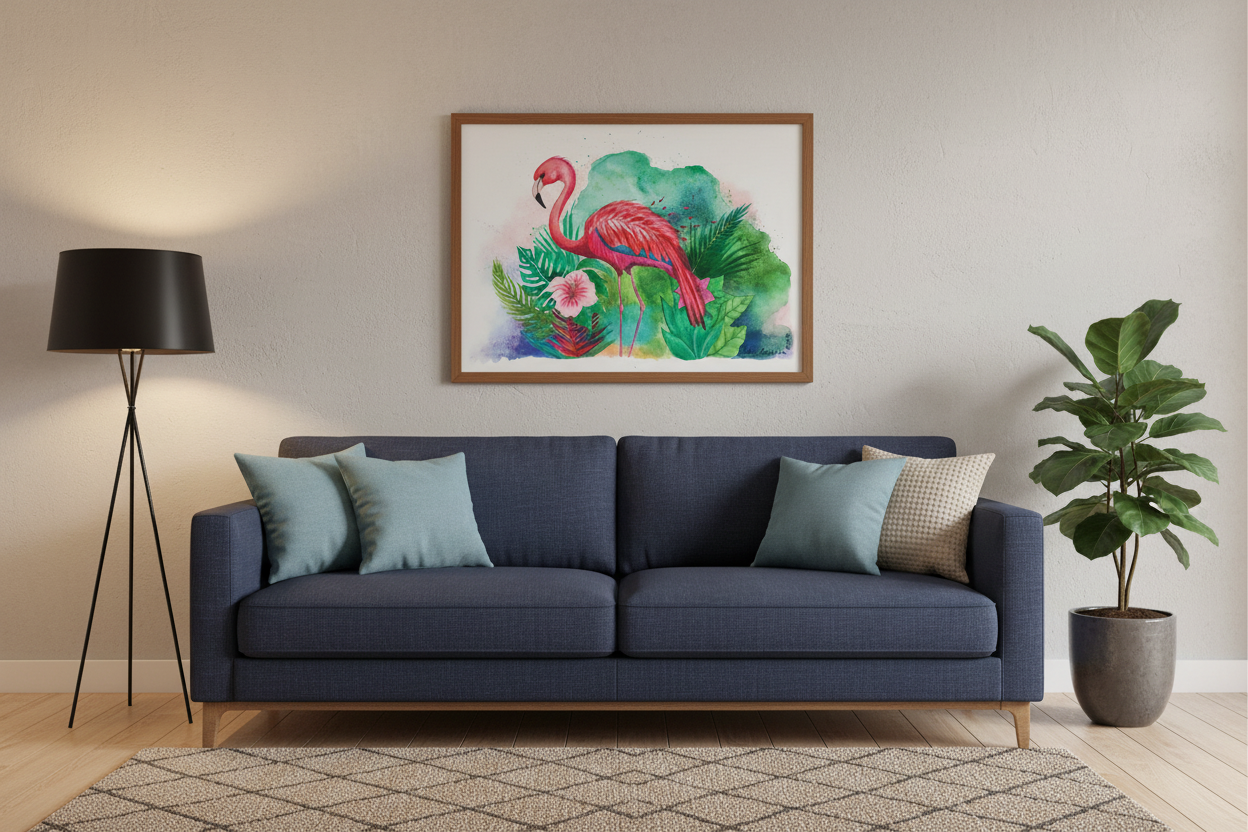 Living room with a blue sofa, colorful flamingo painting, and a lamp.
