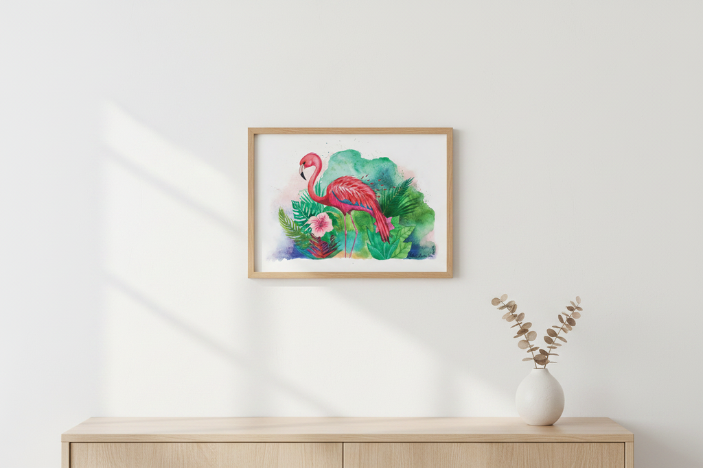 Framed artwork of a flamingo and flowers on a wall above a wooden cabinet.