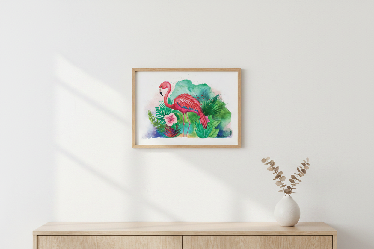 Framed artwork of a flamingo and flowers on a wall above a wooden cabinet.