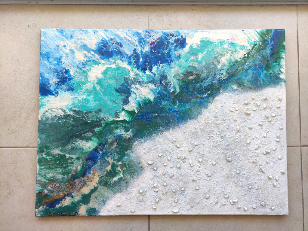 Abstract painting with blue, green, and white colors on a textured surface