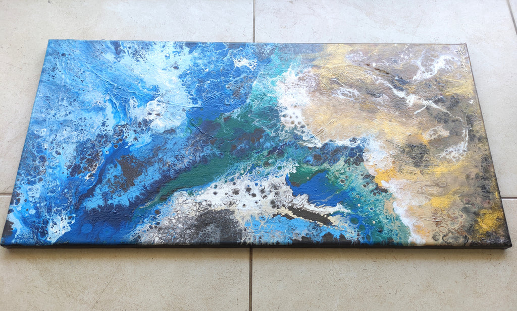 Abstract painting with blue, yellow, and white colors on a textured surface