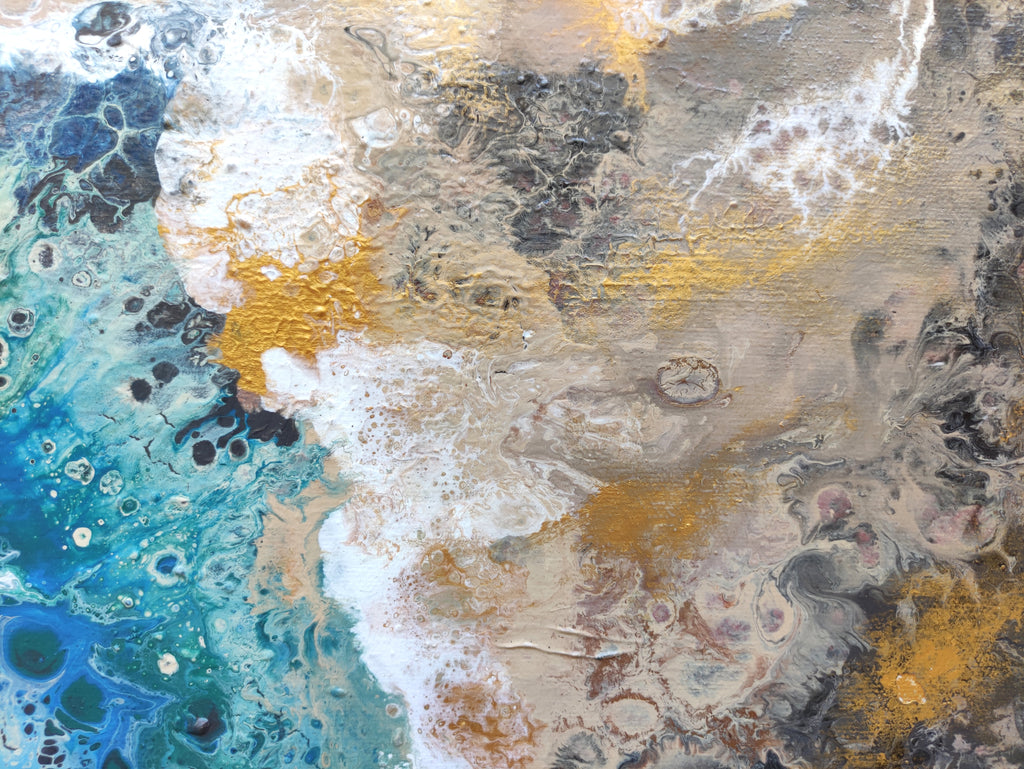 Abstract art with a mix of blue, gold, and beige colors.