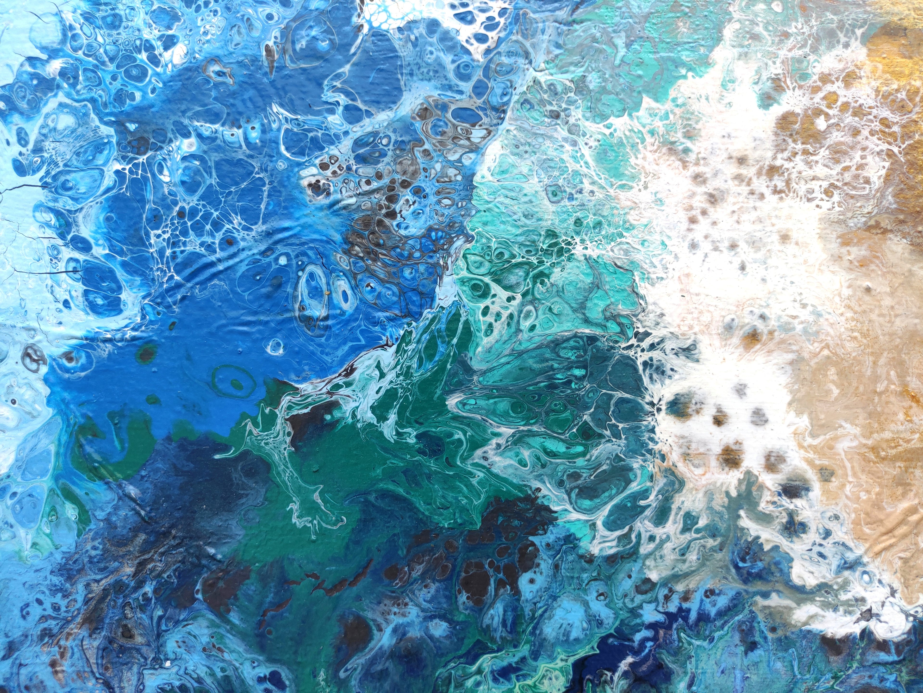 Abstract artwork with blue, green, and brown colors