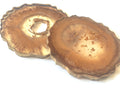 Two bronze-colored coasters with textured surfaces on a white background