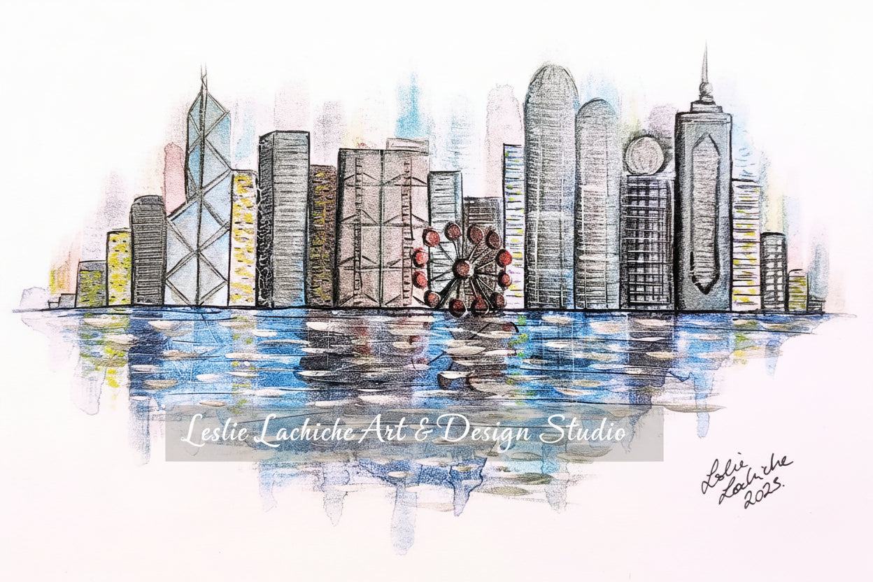 Artistic illustration of a city skyline with modern buildings reflected in water