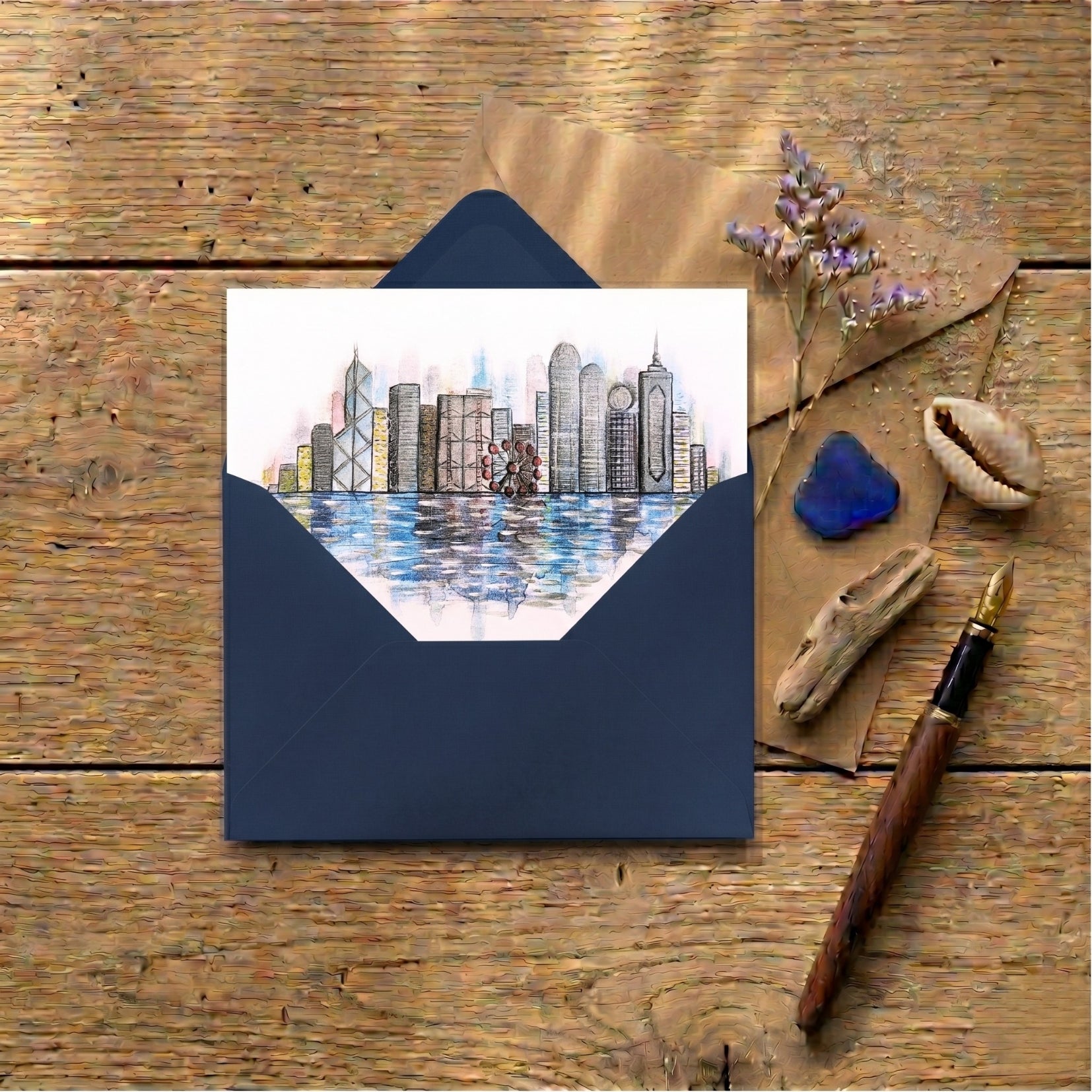 HK City — Art Greeting Card | Mixed Media Painting by Leslie Lachiche