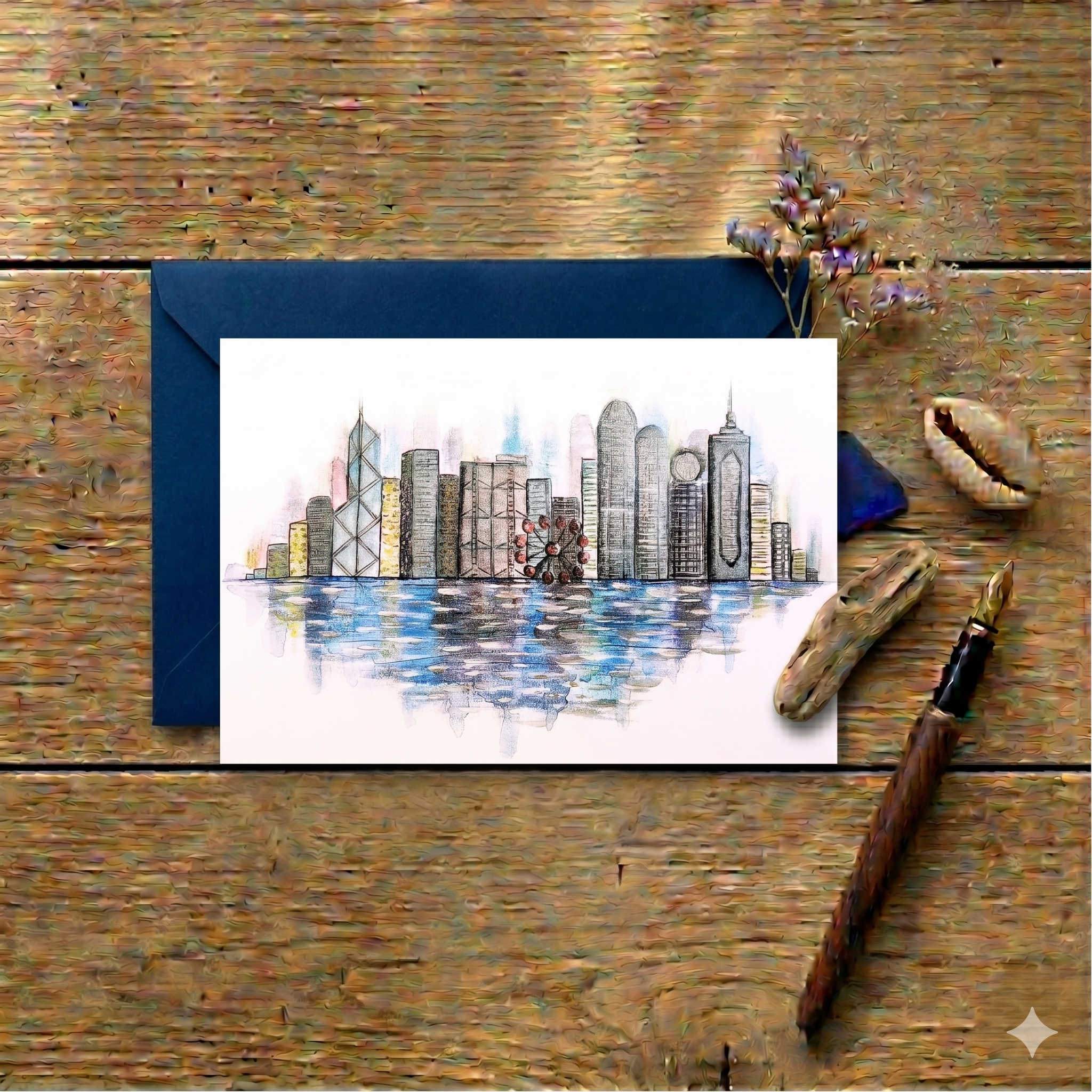 HK City — Art Greeting Card | Mixed Media Painting by Leslie Lachiche