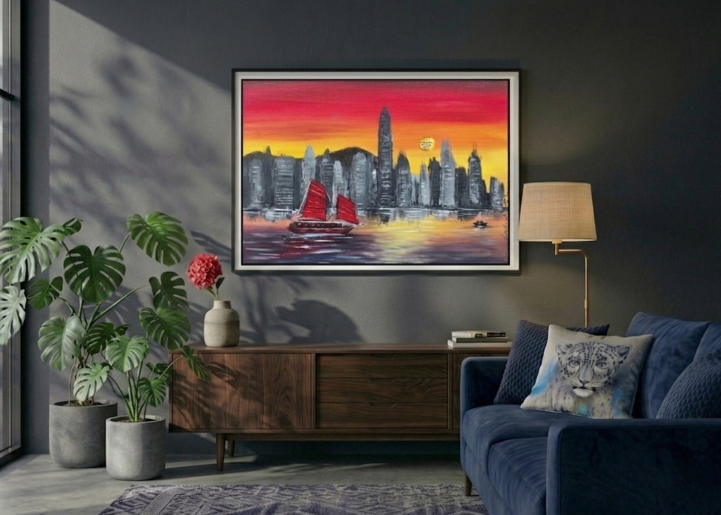 hk sunset wall art in a living room