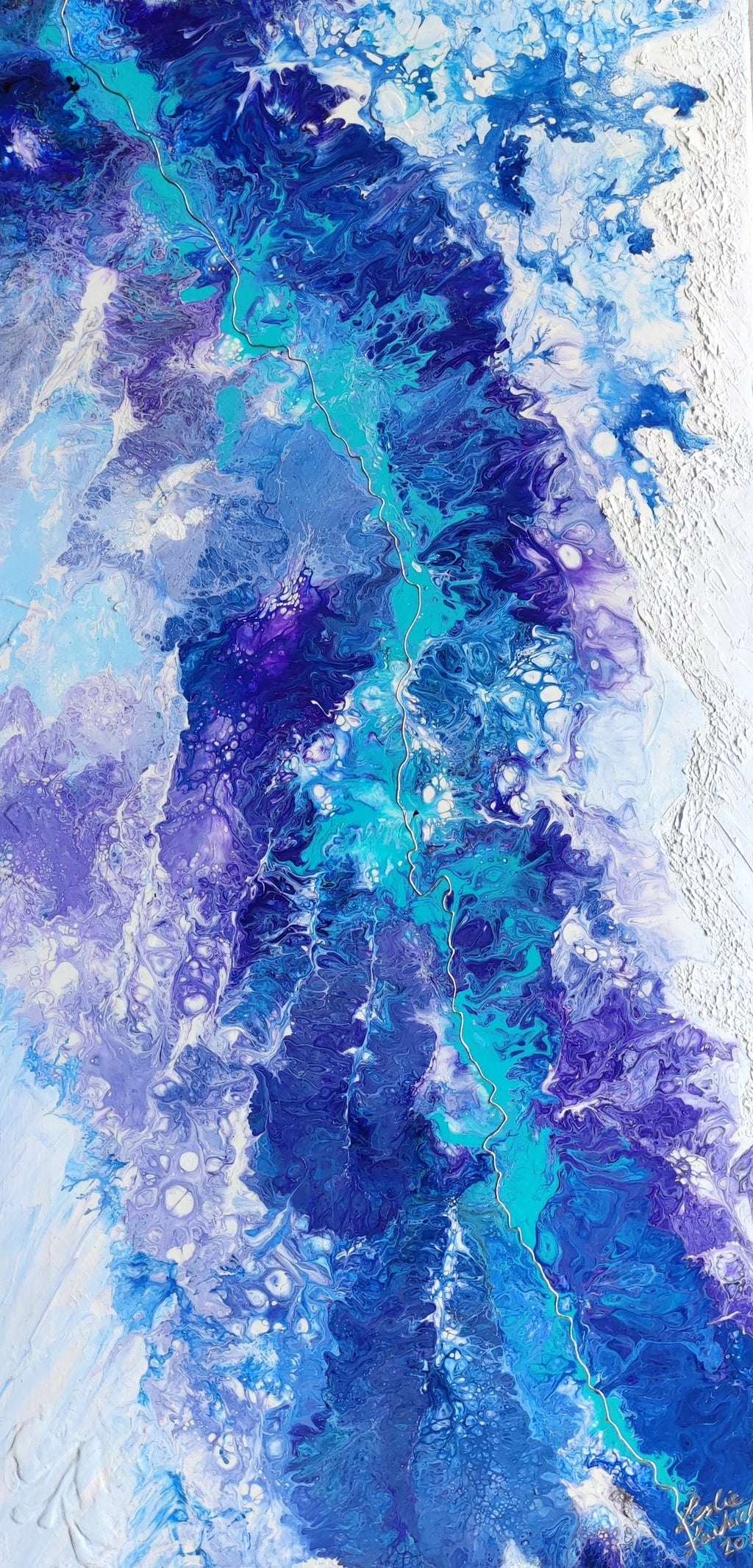 Abstract art with blue and purple hues on a textured background