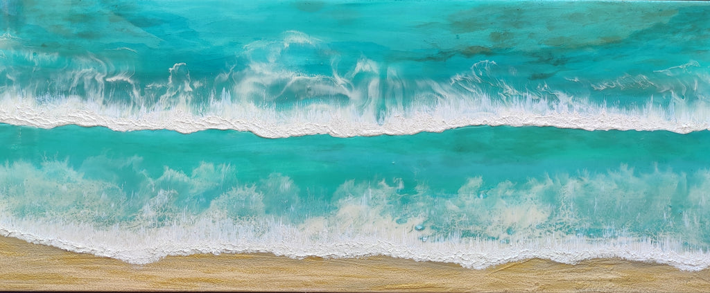 Acrylic painting of a beach scene with turquoise water and white waves.
