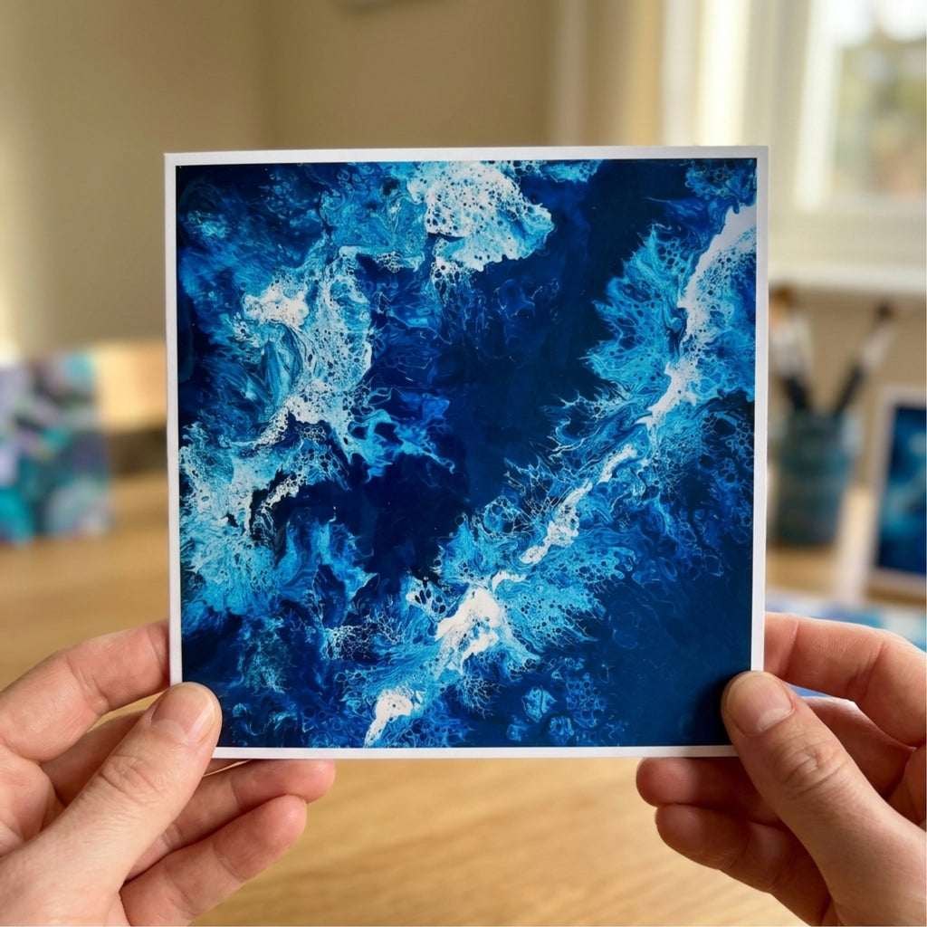 Person holding a square piece of paper with blue abstract art.
