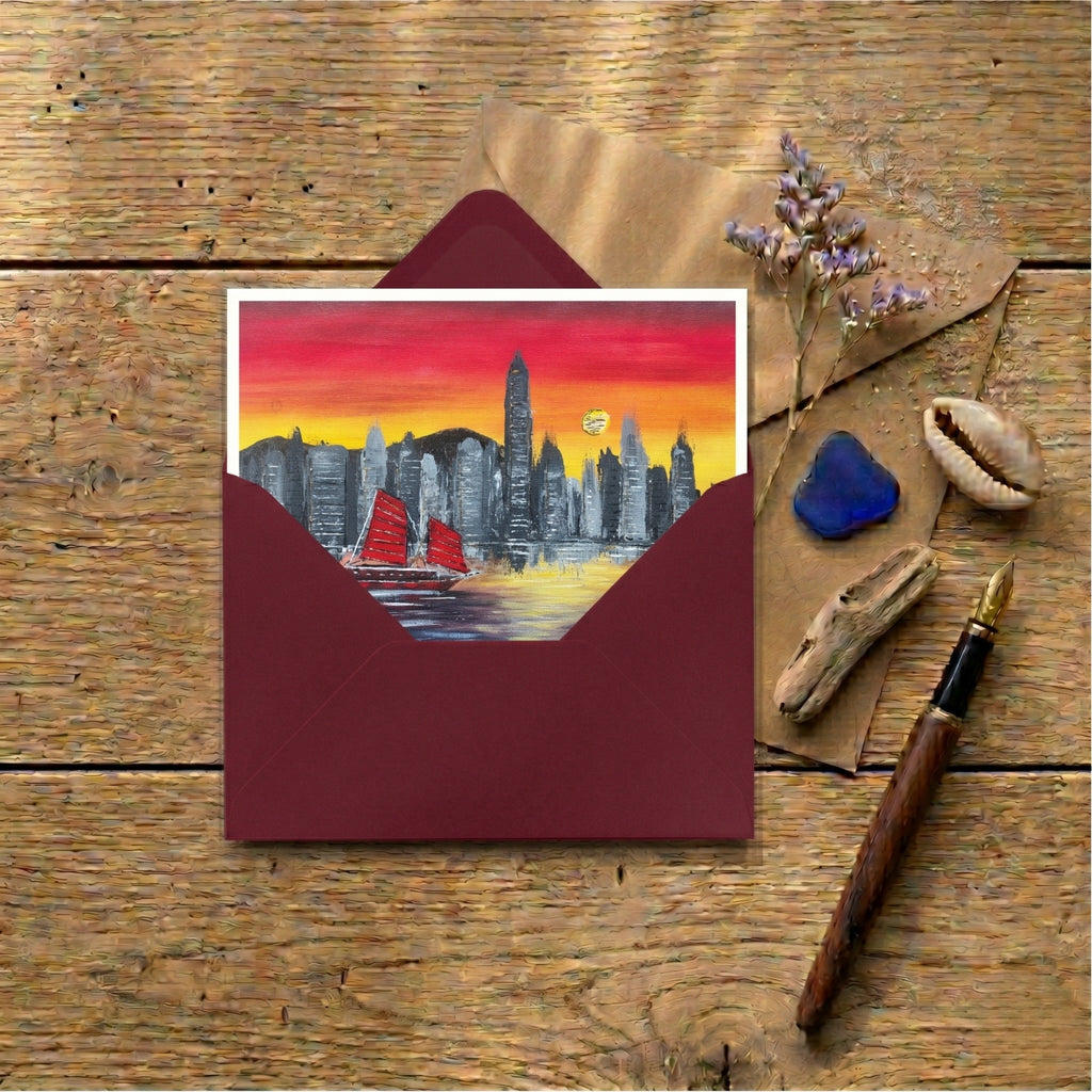 HK Sunset — Art Greeting Card | Original Oil Painting print | Leslie Lachiche