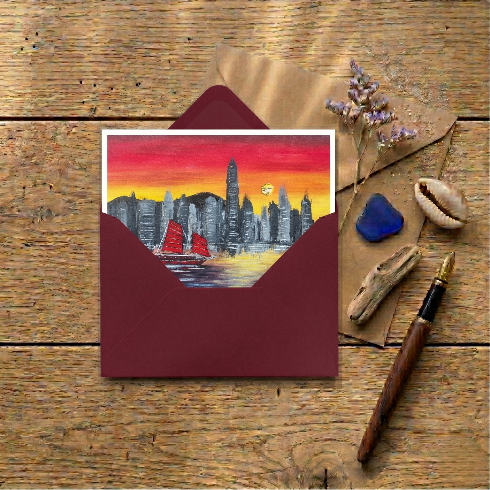 HK Sunset — Art Greeting Card | Original Oil Painting print | Leslie Lachiche