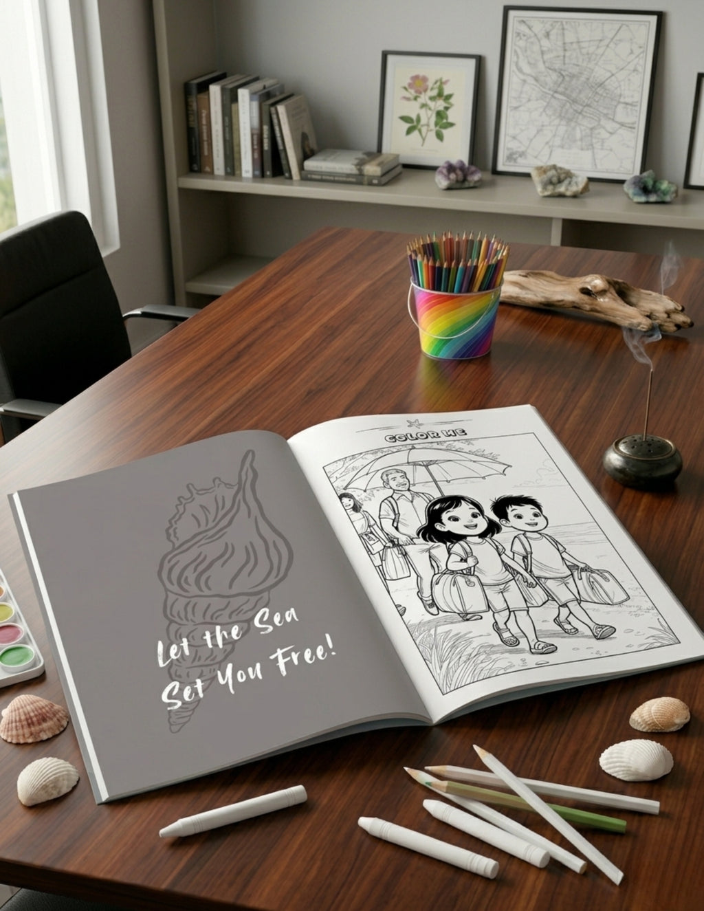 Coloring book open on a wooden table with coloring supplies