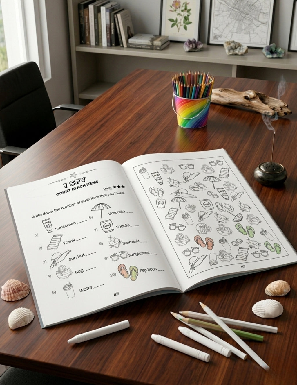 Open coloring book with colored pencils on a wooden table