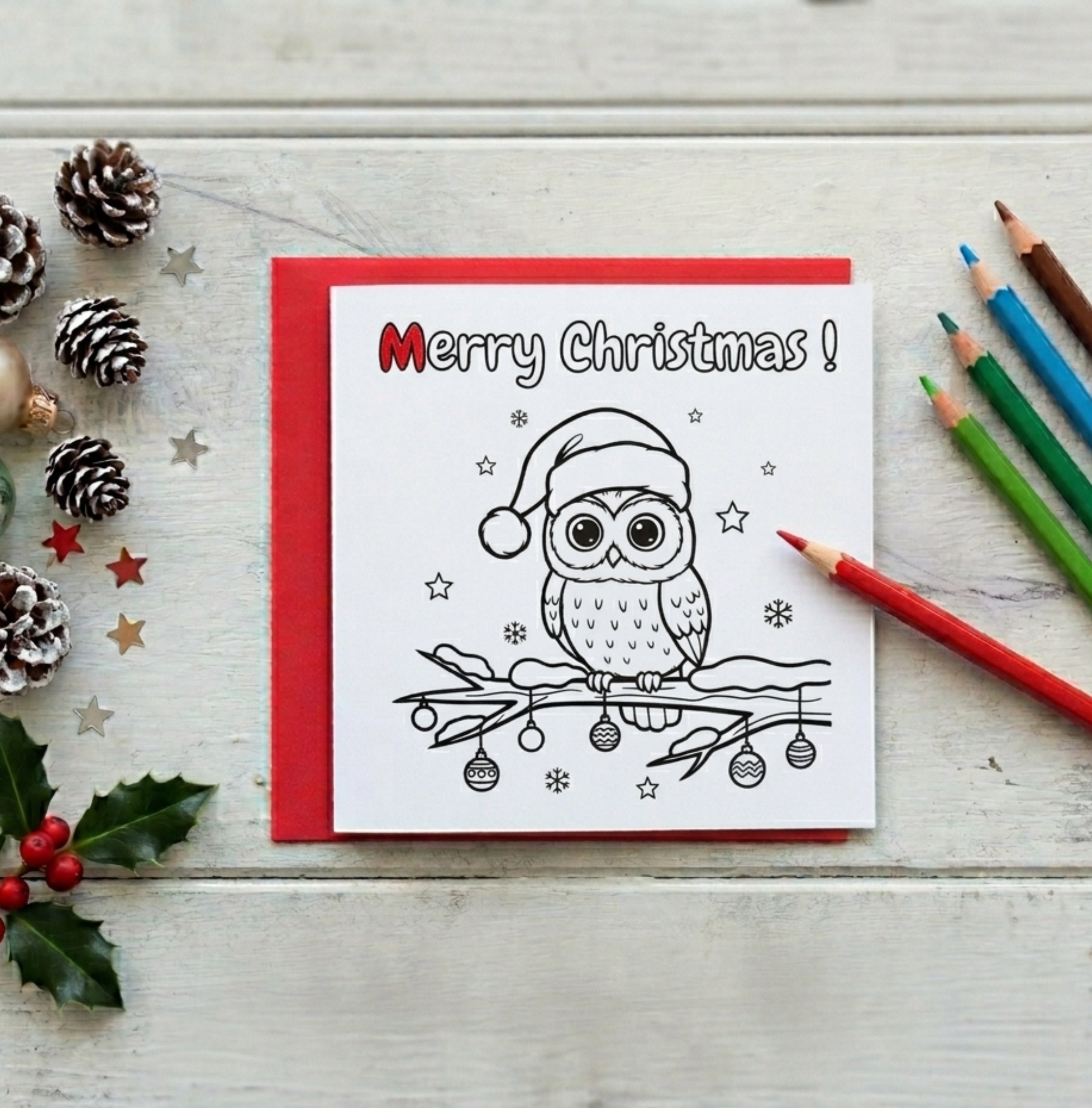 Owl | Christmas Coloring Card — Color It Yourself Festive Greeting Card