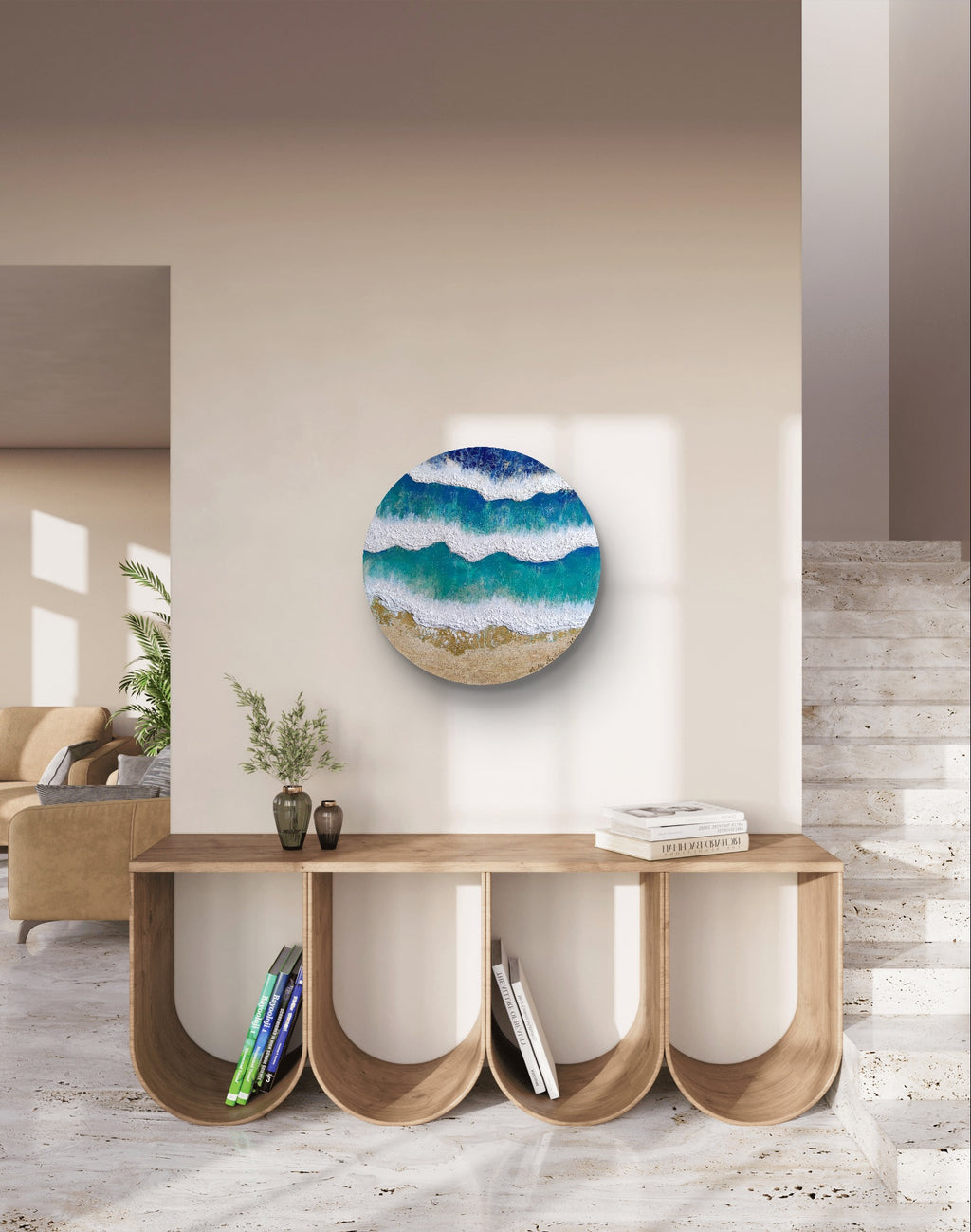 Peaceful — Original Fluid Art Aerial Seascape Painting with Sand & Gold on Round Canvas | OCEAN Collection