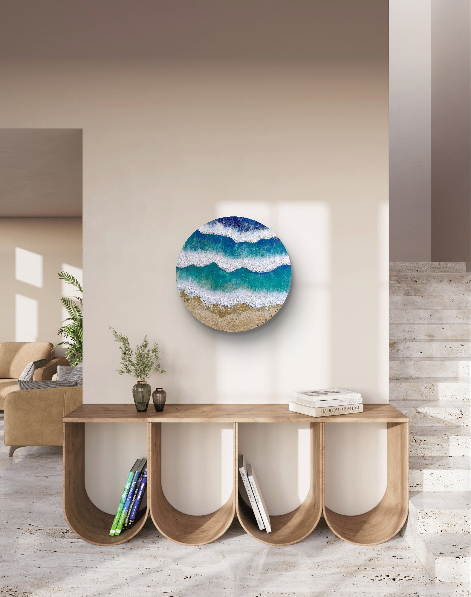 Peaceful — Original Fluid Art Aerial Seascape Painting with Sand & Gold on Round Canvas | OCEAN Collection