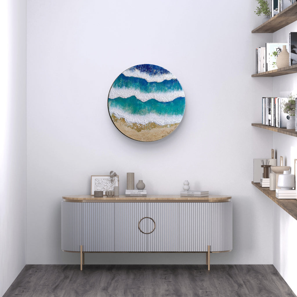 Peaceful — Original Fluid Art Aerial Seascape Painting with Sand & Gold on Round Canvas | OCEAN Collection