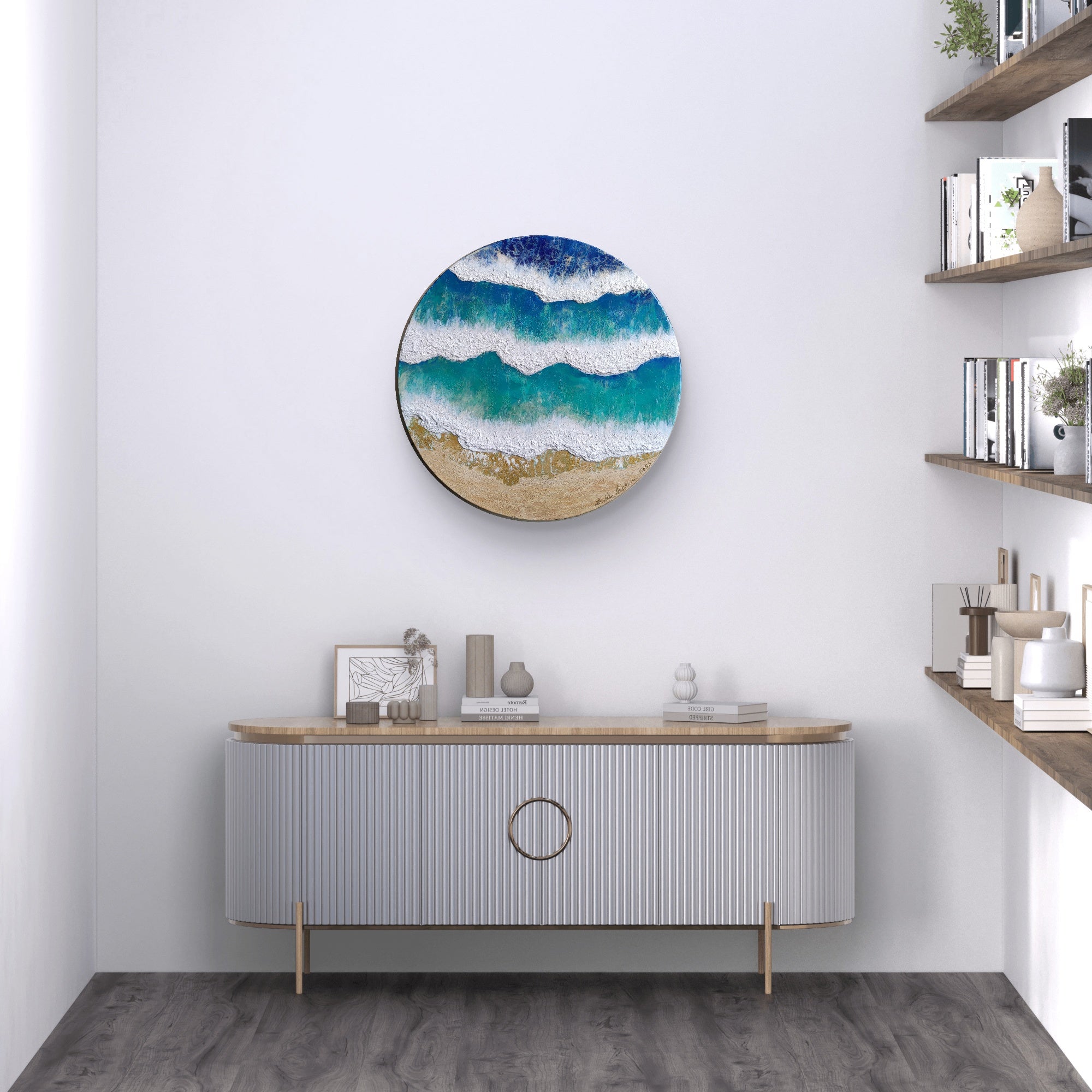 Peaceful — Original Fluid Art Aerial Seascape Painting with Sand & Gold on Round Canvas | OCEAN Collection