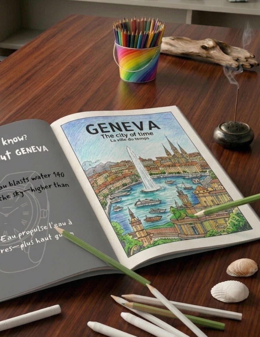 Open book with a colorful illustration of Geneva on a wooden table with art supplies.