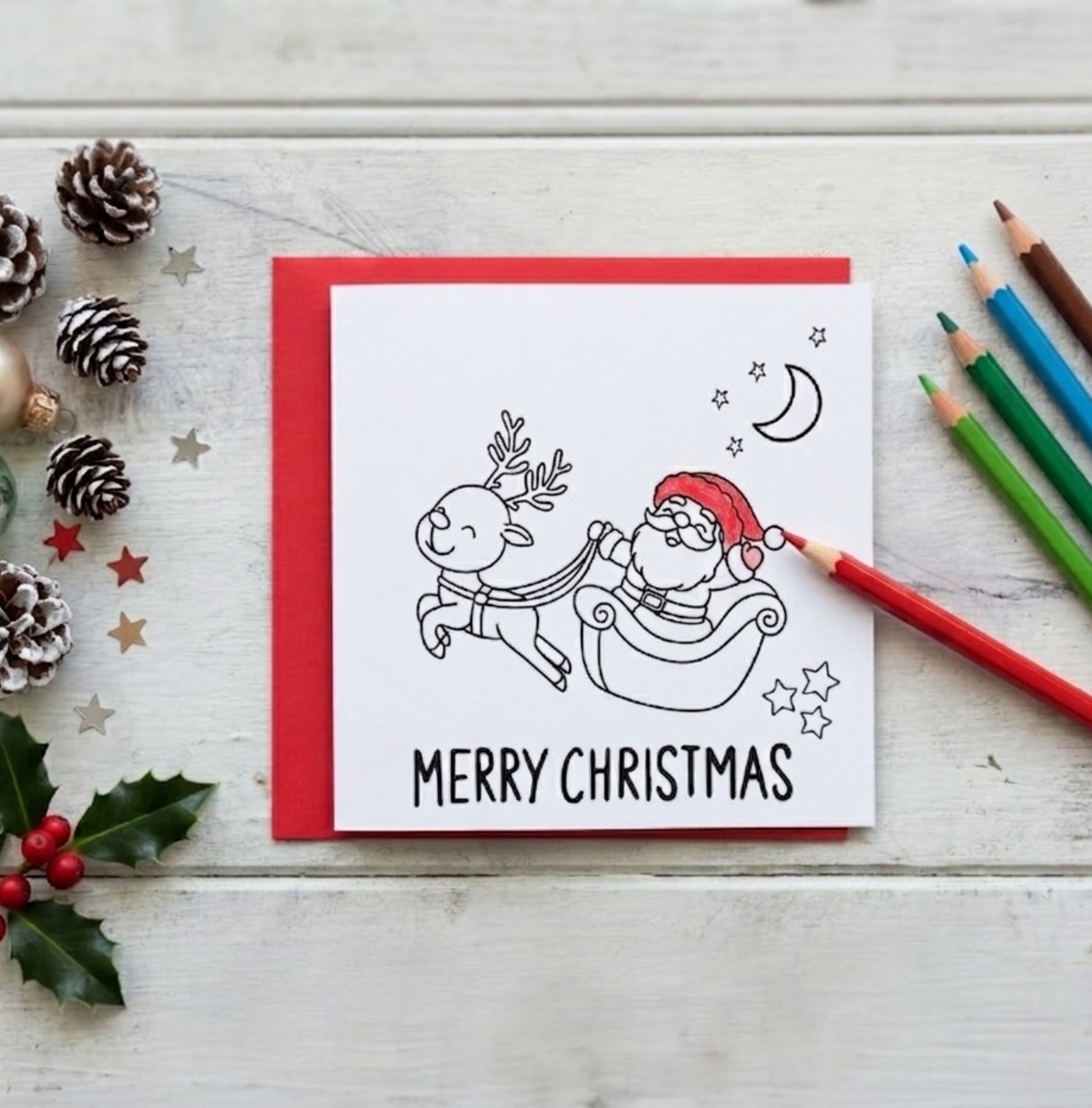 Santa & Reindeer | Christmas Coloring Card — Color It Yourself Festive Greeting Card