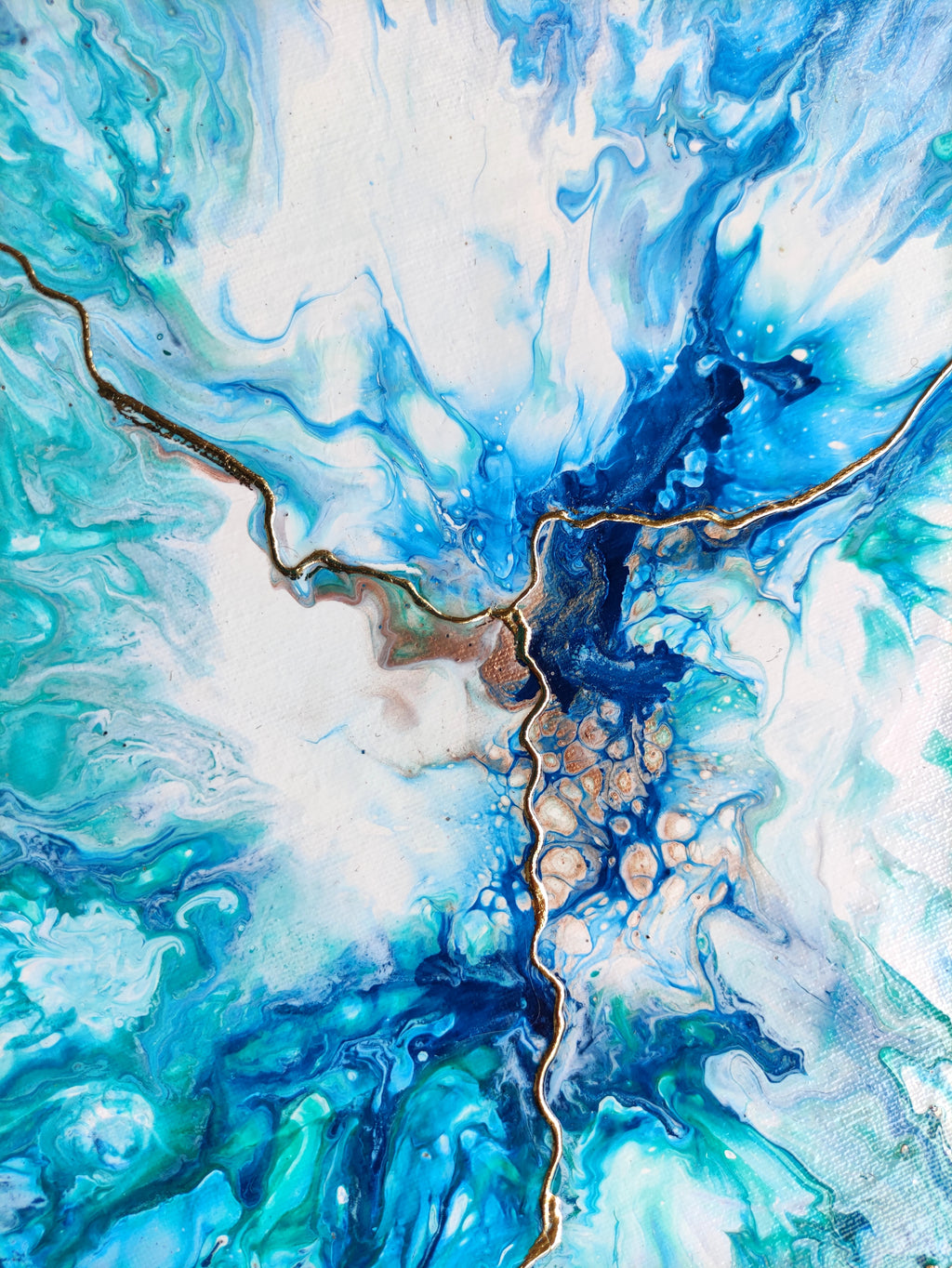 Abstract artwork with swirling blue and white patterns