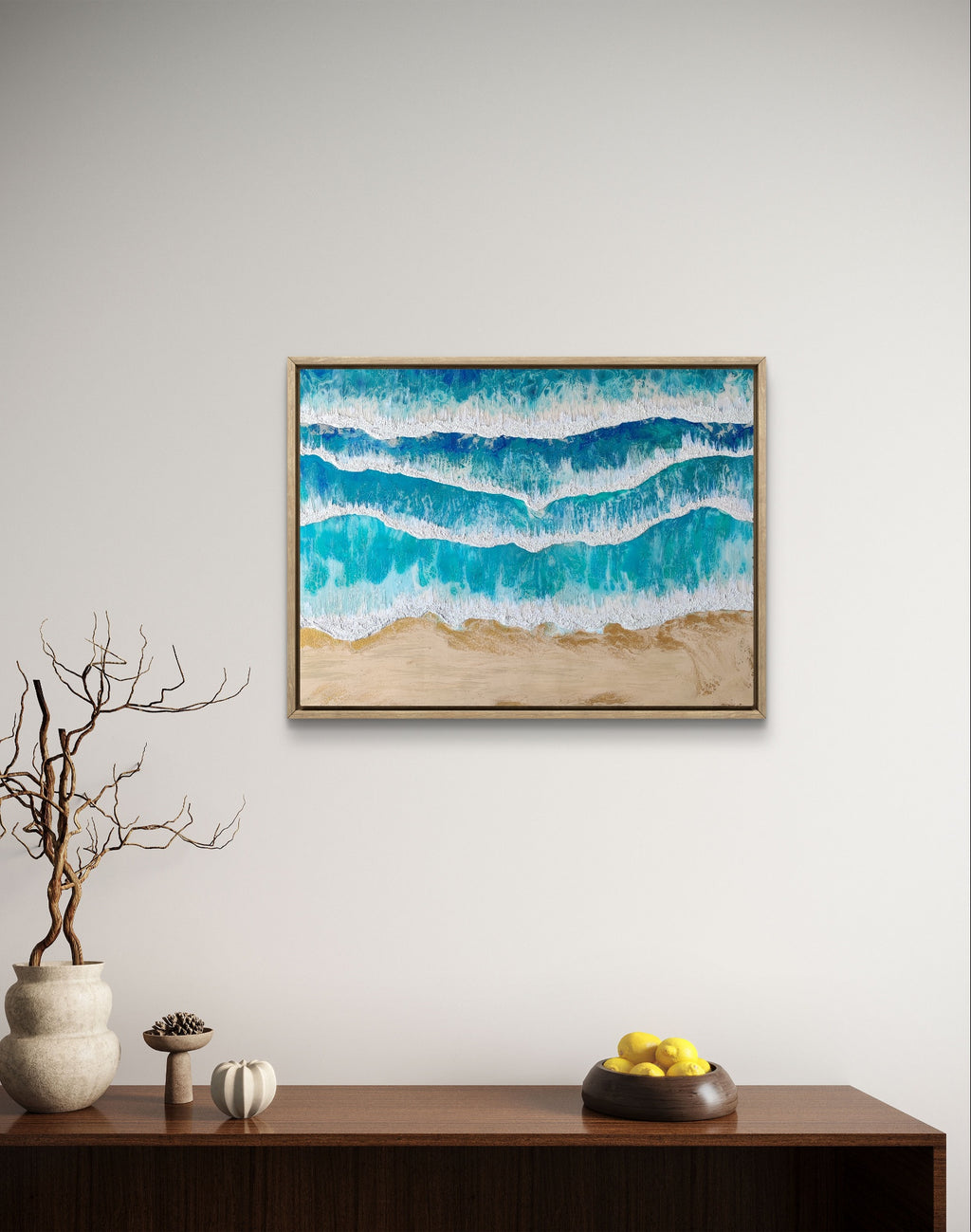 Serene — Original Fluid Art Beach Seascape Painting with Sand & Gold | OCEAN & BEACHES Collection