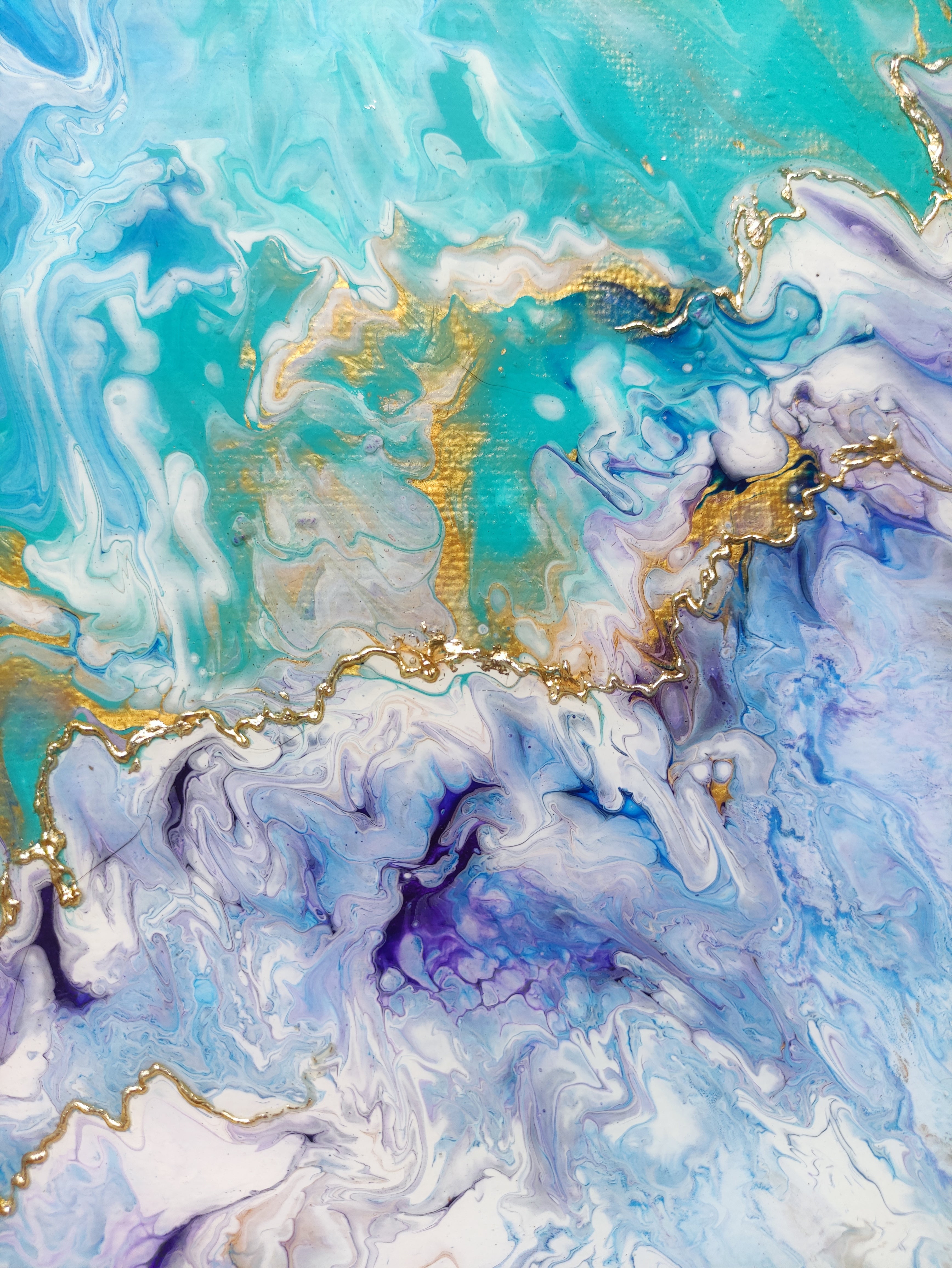 abstract painting with white, purple, green, blue and gold